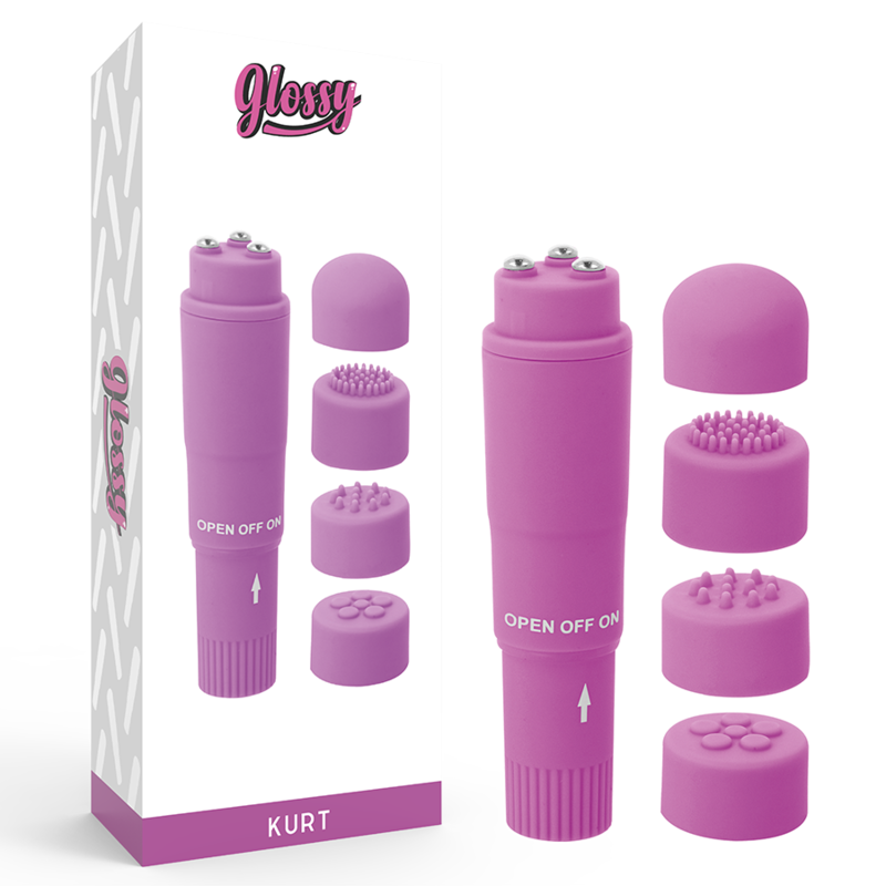GLOSSY Kurt mini vibrator, ljubičasti, s četiri nastavka