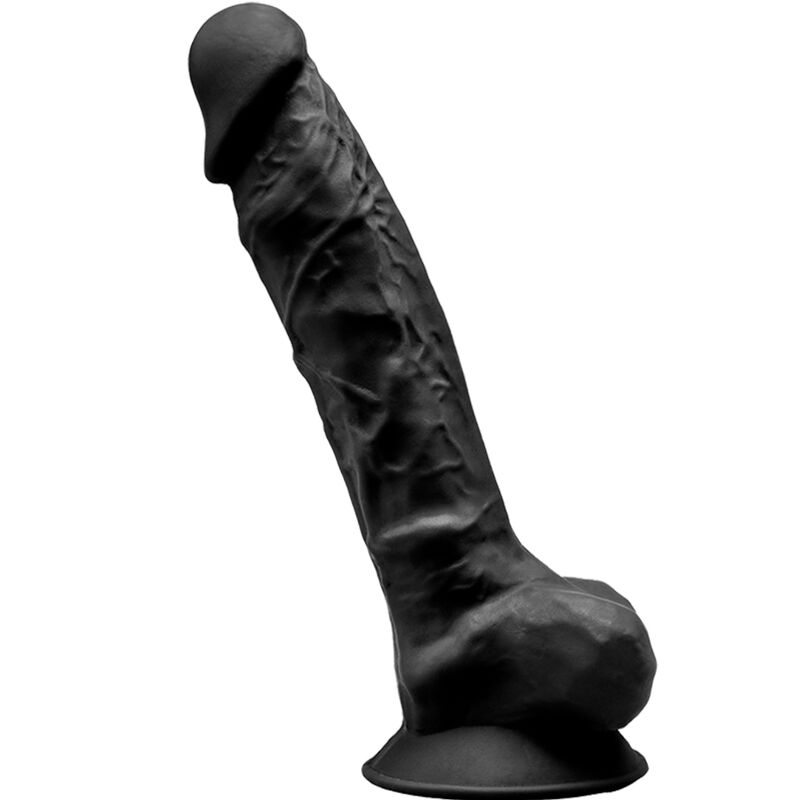 Realistični dildo od silikona, 20 cm, s vakuumskom čašicom, crni SILEXD