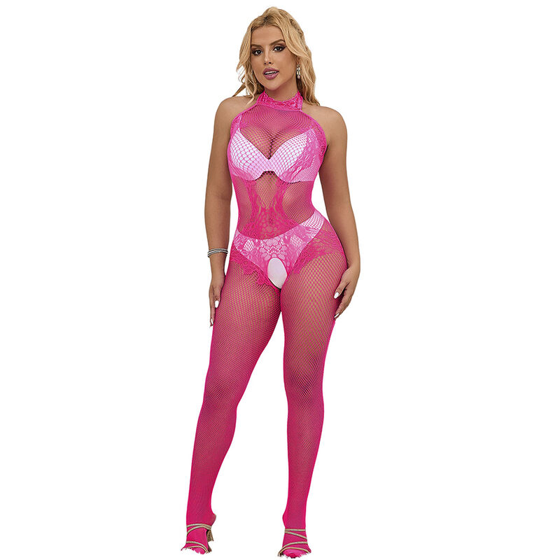 SUBBLIME bodystocking u ružičastoj boji s mrežicom i čipkom