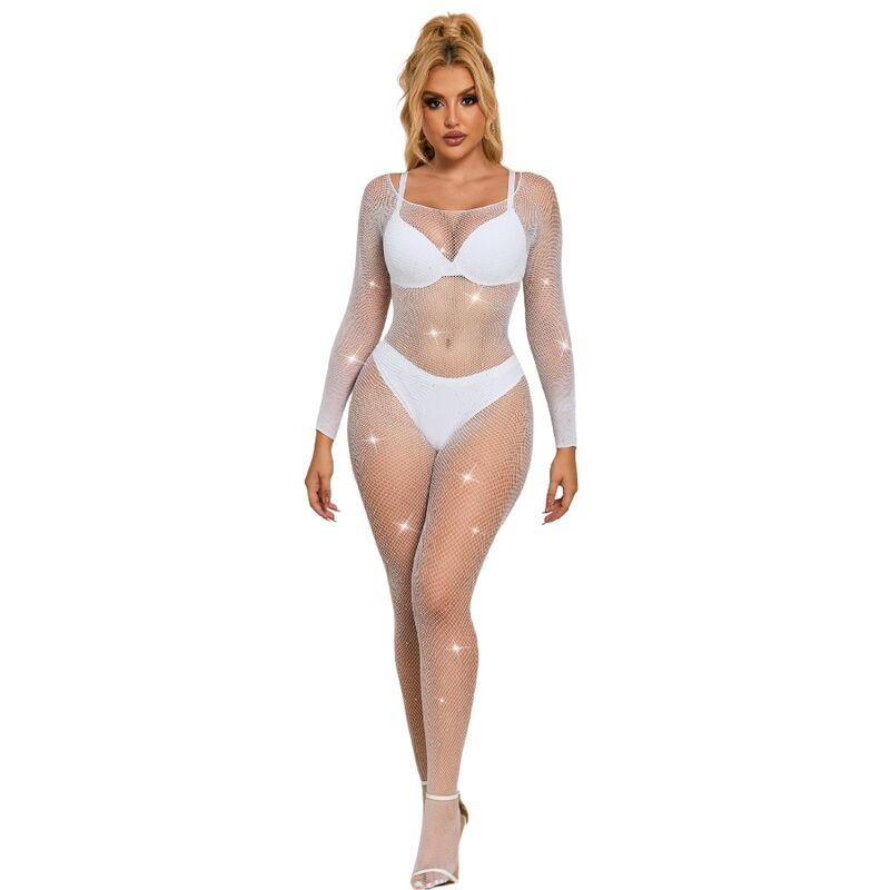 SUBBLIME bijeli bodystocking s dugim rukavima i ukrasima u obliku dijamanata