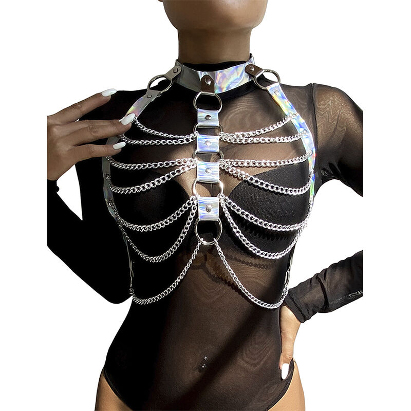 SUBBLIME harness za bondage s prstenovima i lancima, srebrne boje