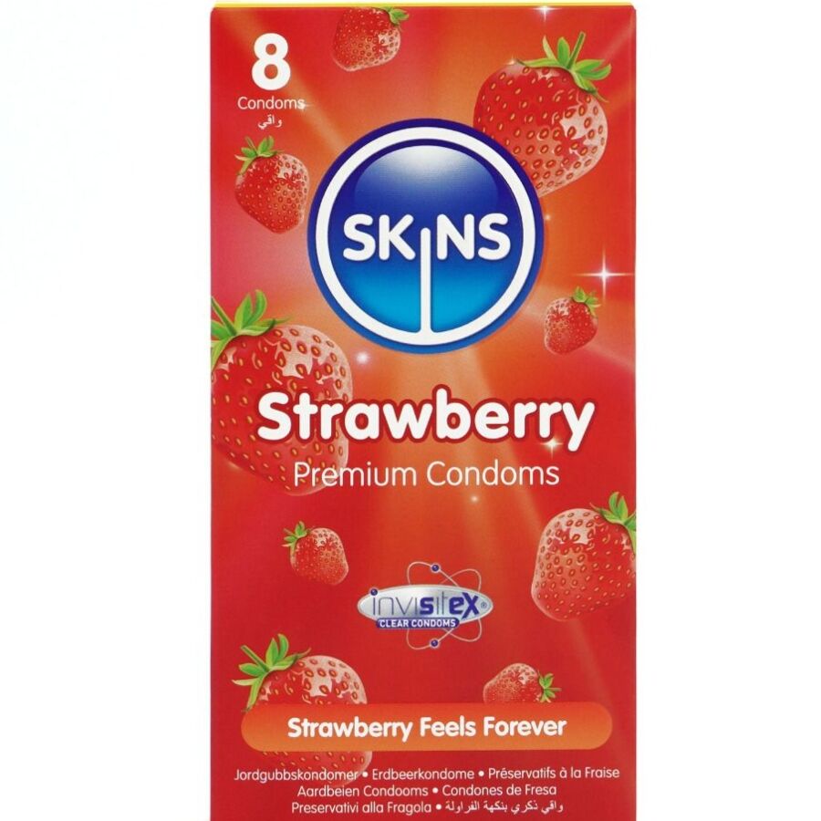 SKINS kondomi s okusom jagode, 8 komada
