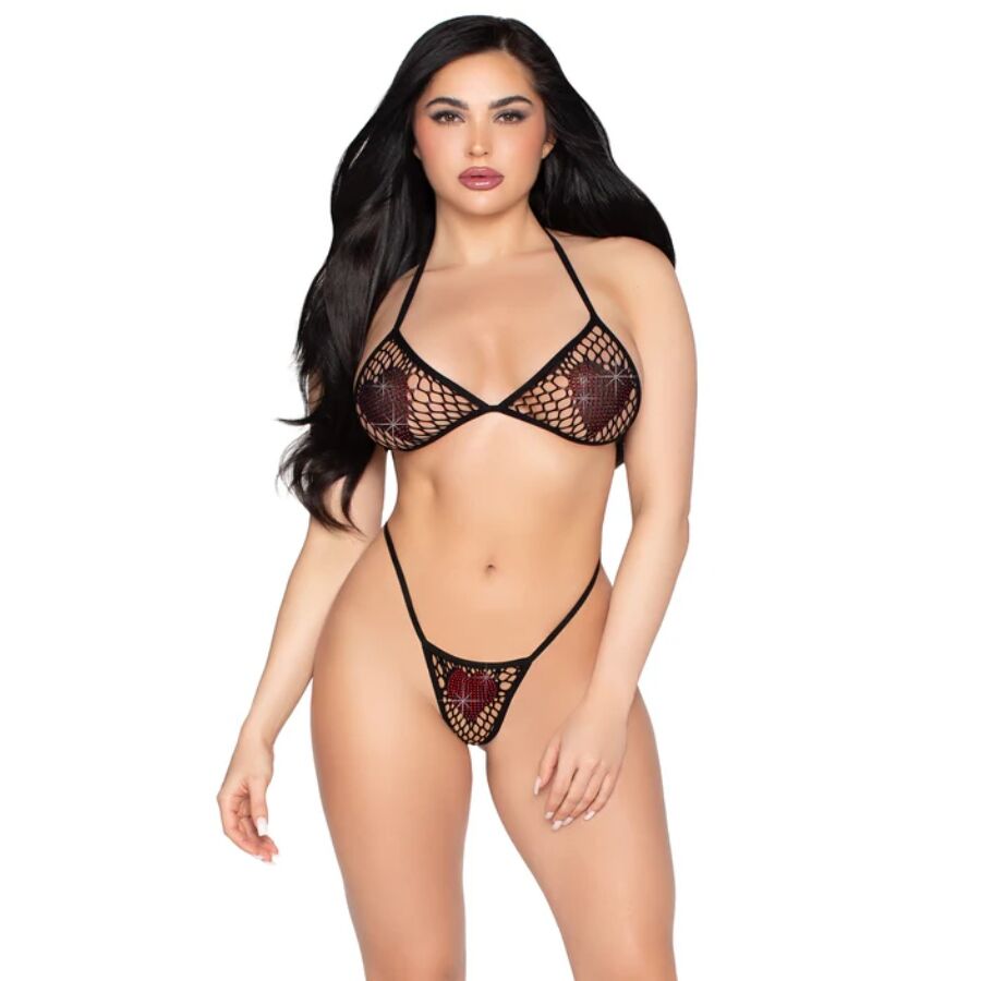Leg Avenue set donjeg rublja od crne mrežice s crvenim cirkonima