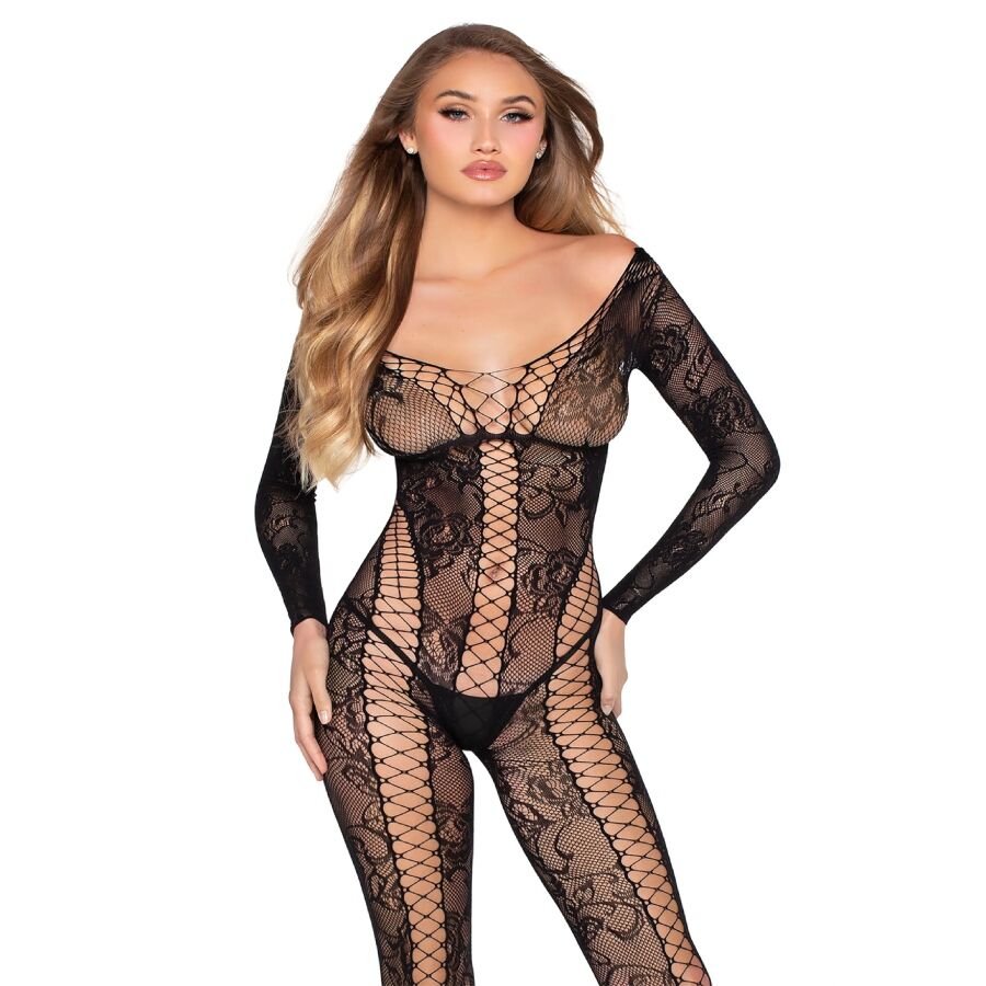 Leg Avenue crni bodystocking od čipke s mrežastim umetcima
