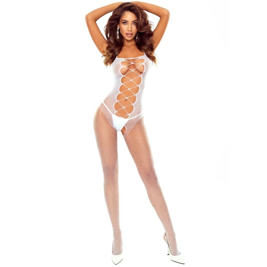 PASSION BS124 bijeli bodystocking s vezanjem