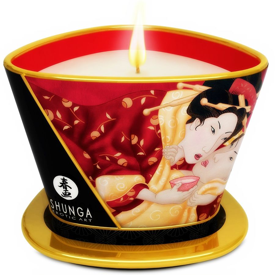 Shunga Mini Caress masažna svijeća s mirisom jagode i cave, 170 ml