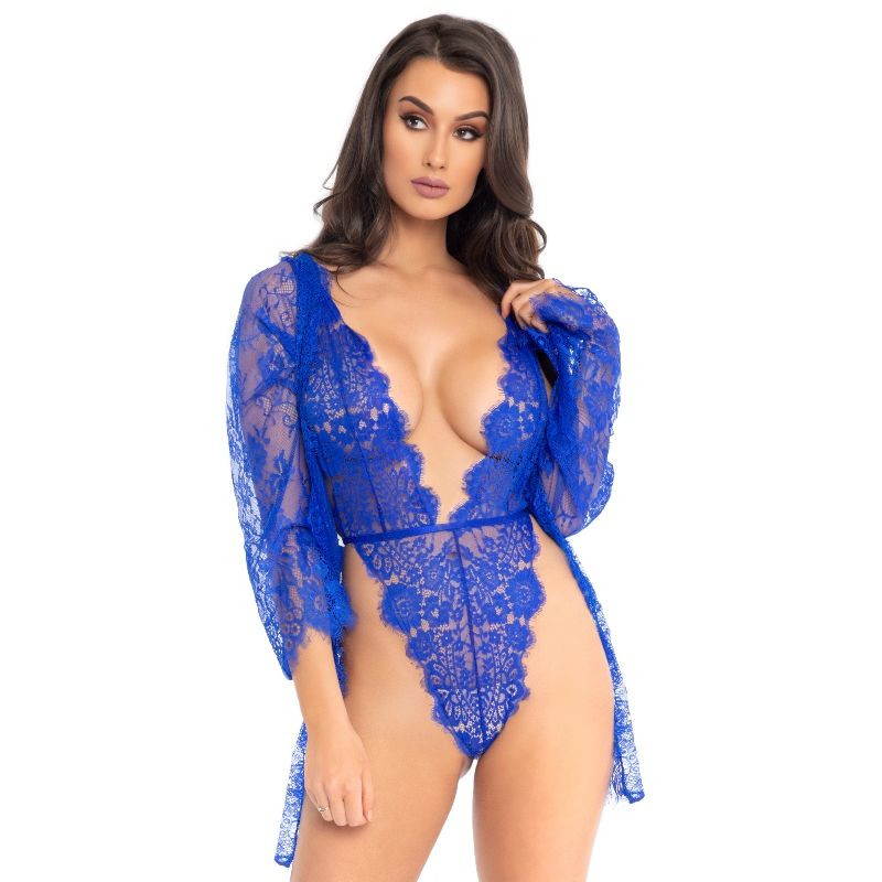 Elegantni i senzualni plavi teddy s čipkastim ogrtačem LEG AVENUE