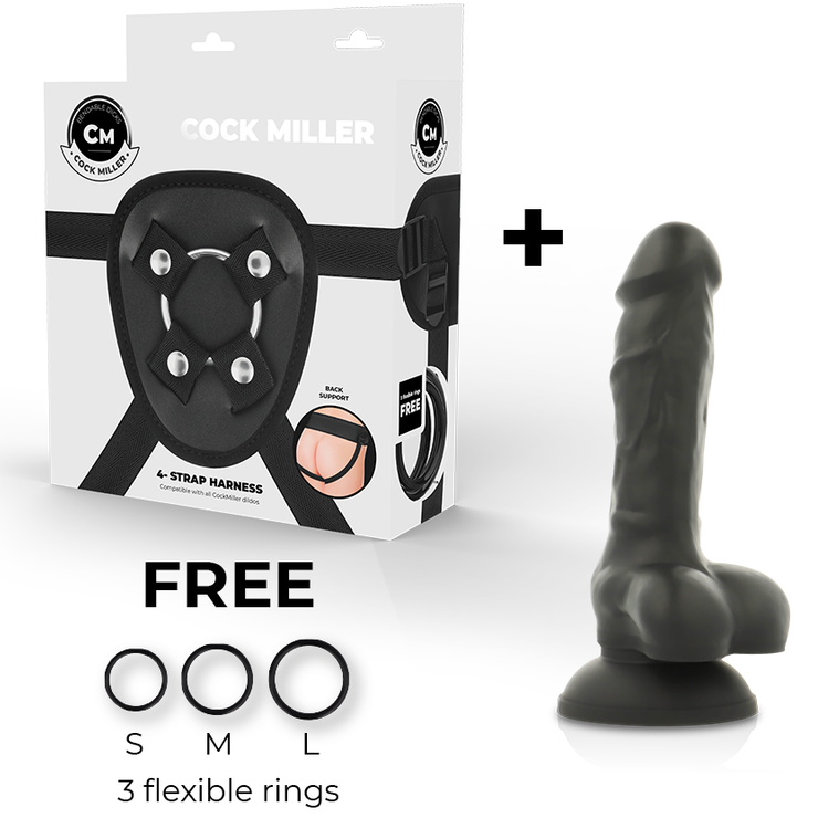 Cock Miller Harness + Silikonski Dildo S Dvostrukom Gustoćom, Artikulirajući, Crni, 13 Cm